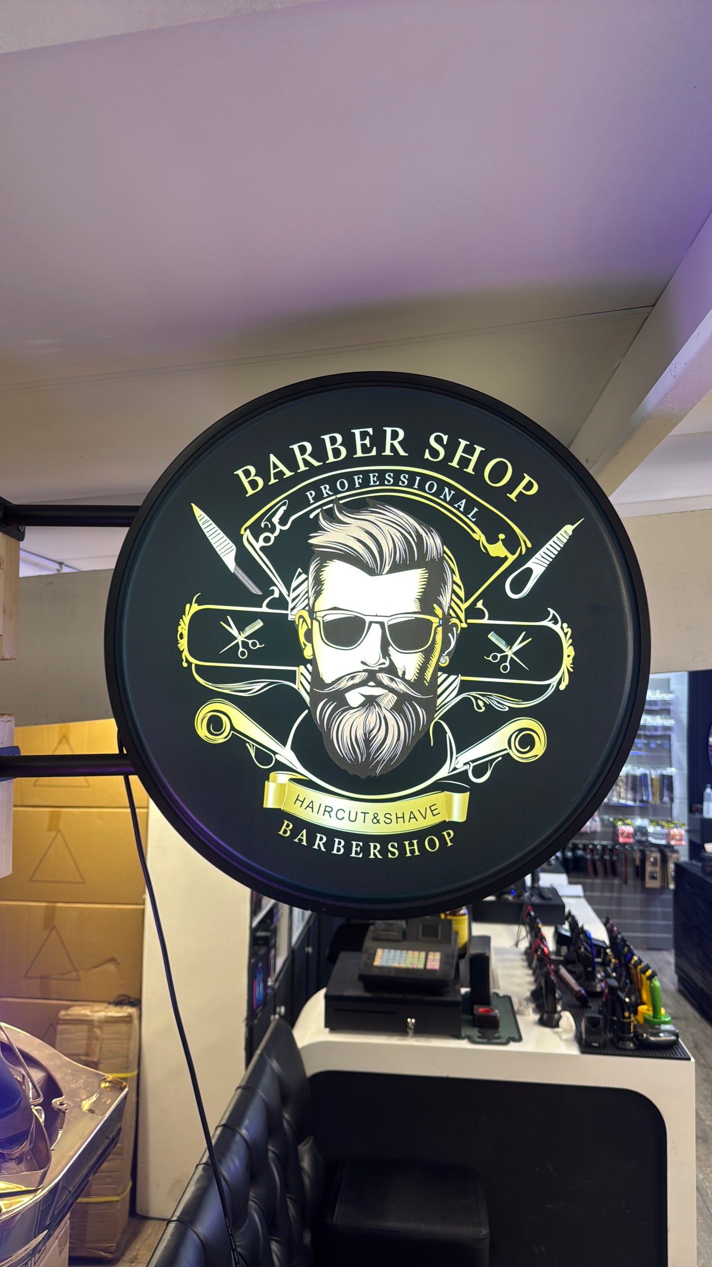 Round Smart Barber Sign (Black & Gold)
