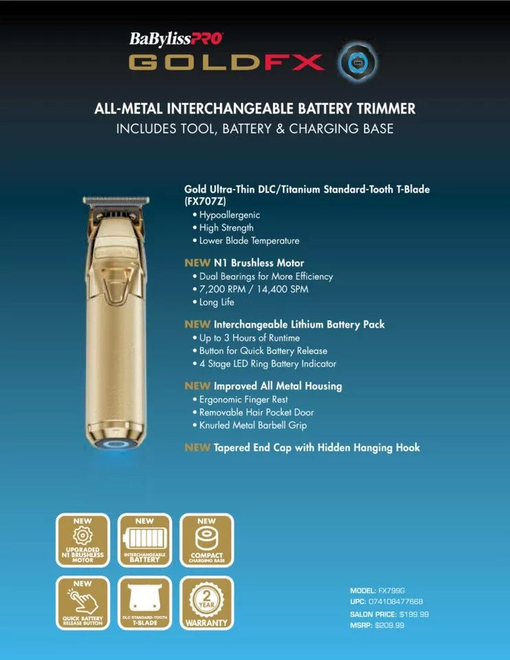 BABYLISS PRO GOLD FX ONE INTERCHANGEABLE BATTERY CORDLESS TRIMMER